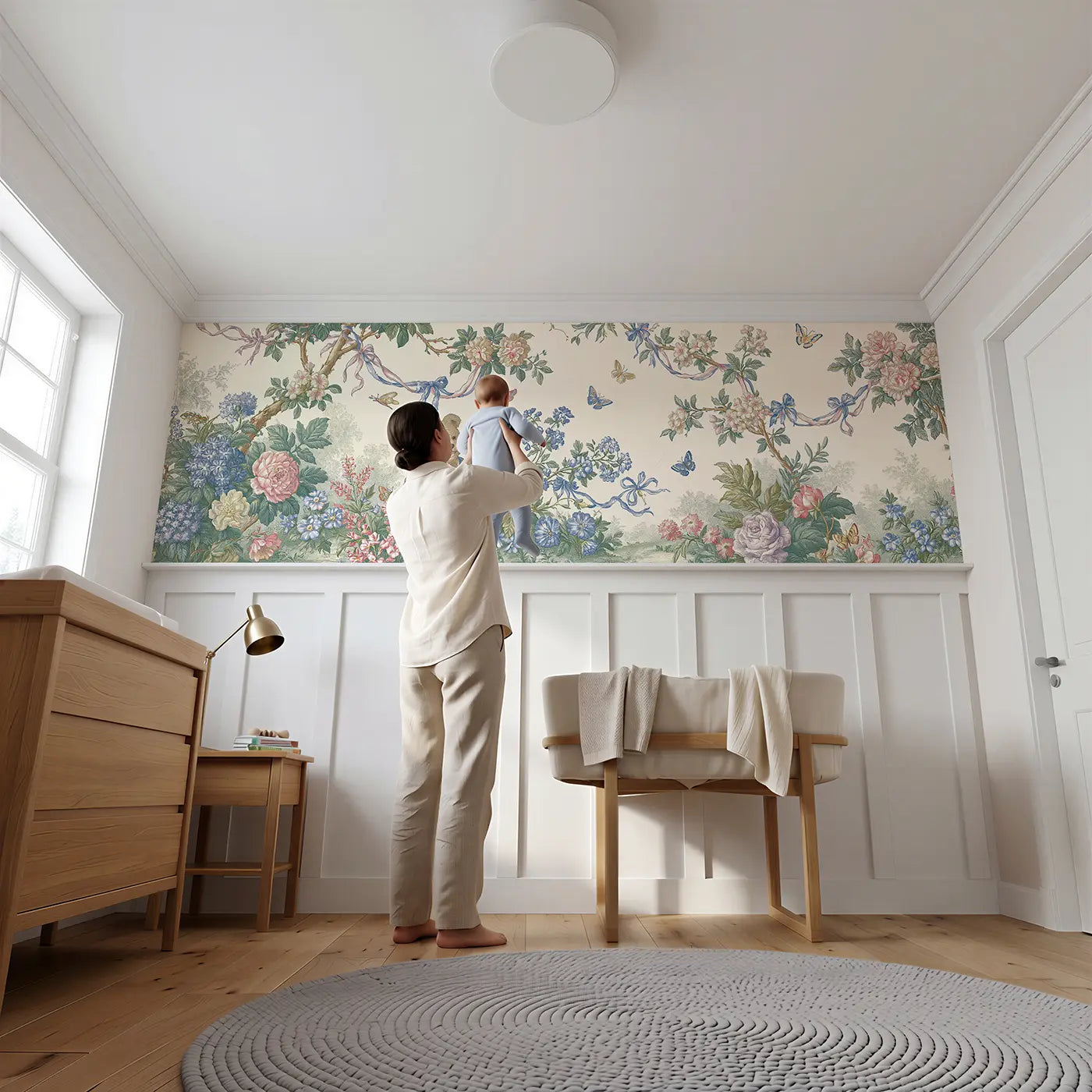 Child reading near Teddy Bear Botanical Toile Wainscoting Wallpaper by Whimsy Tots