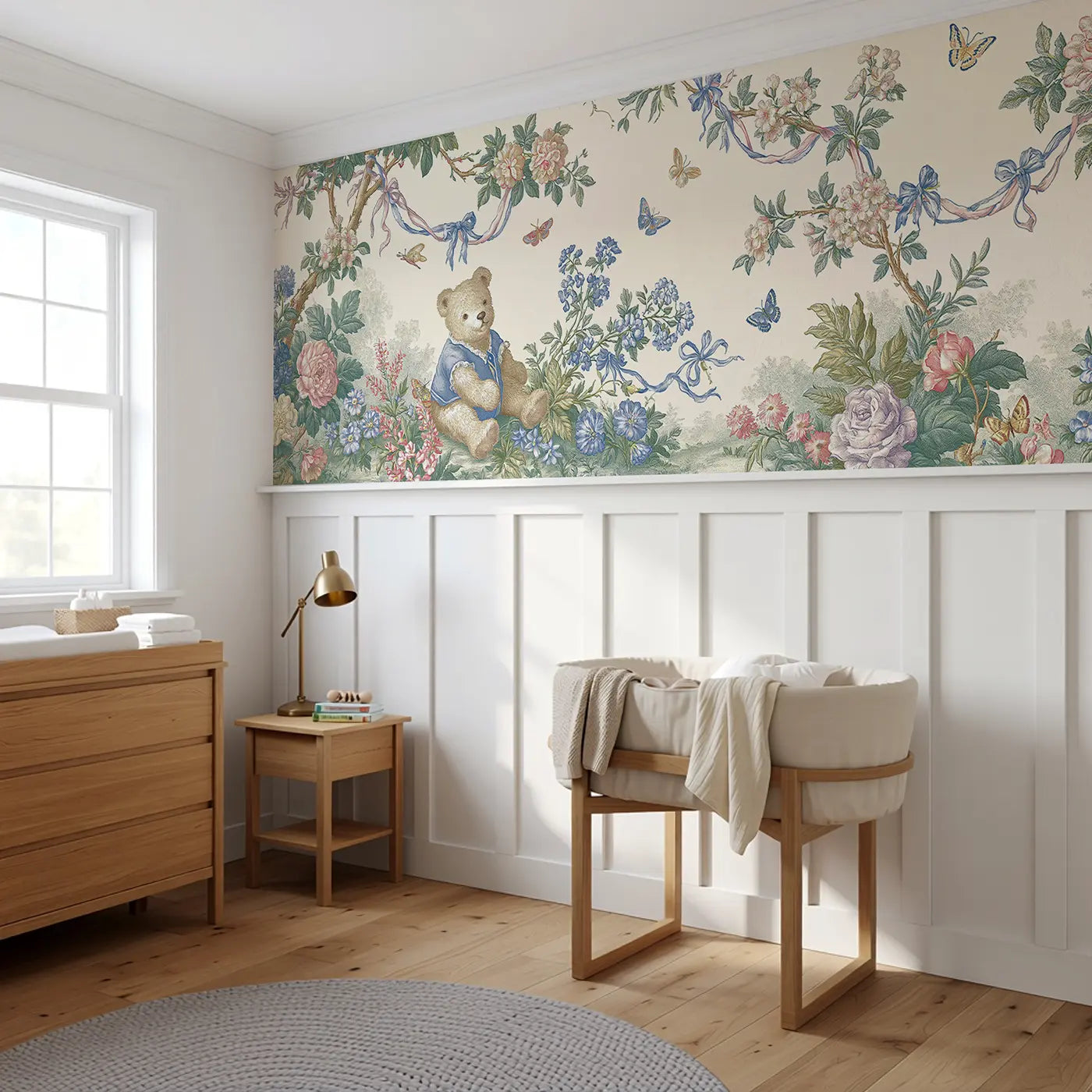 Teddy Bear Botanical Toile Wainscoting Wallpaper styled in a kids bedroom by Whimsy Tots