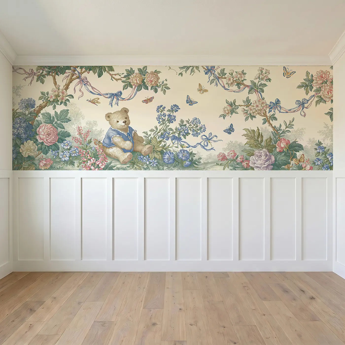 Full panel view of Teddy Bear Botanical Toile Wainscoting Wallpaper by Whimsy Tots