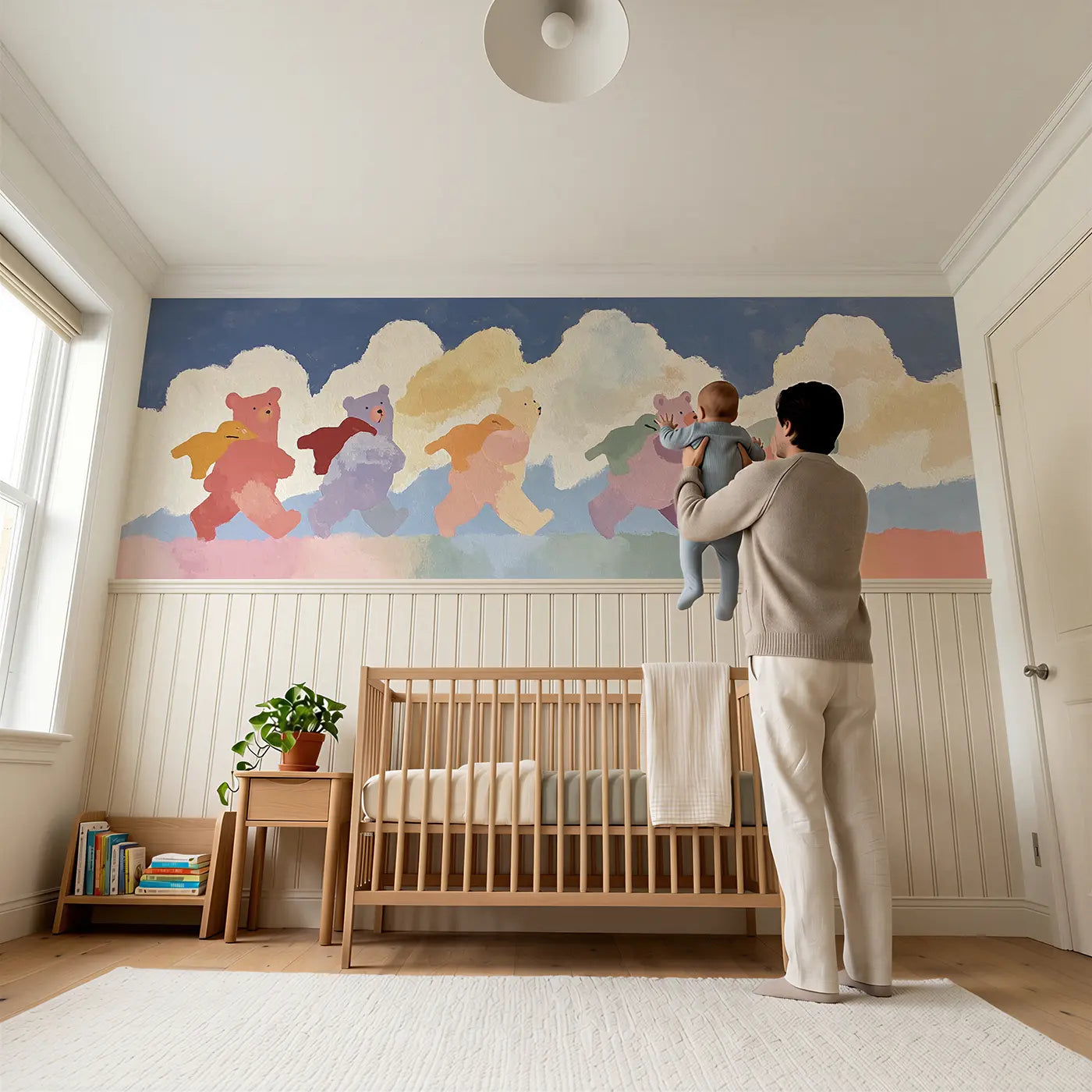Child reading near Flat Teddy Bear Row Parade Wainscoting Wallpaper by Whimsy Tots