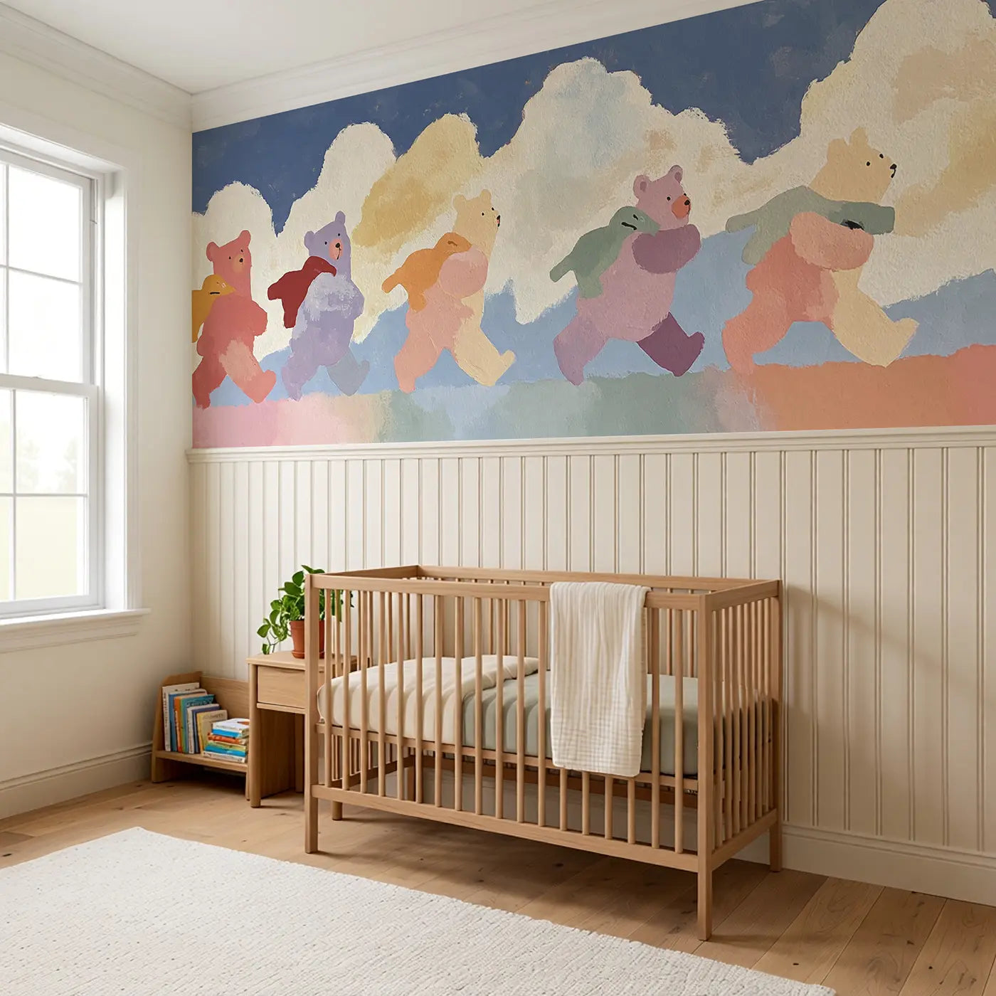 Flat Teddy Bear Row Parade Wainscoting Wallpaper styled in a kids bedroom by Whimsy Tots