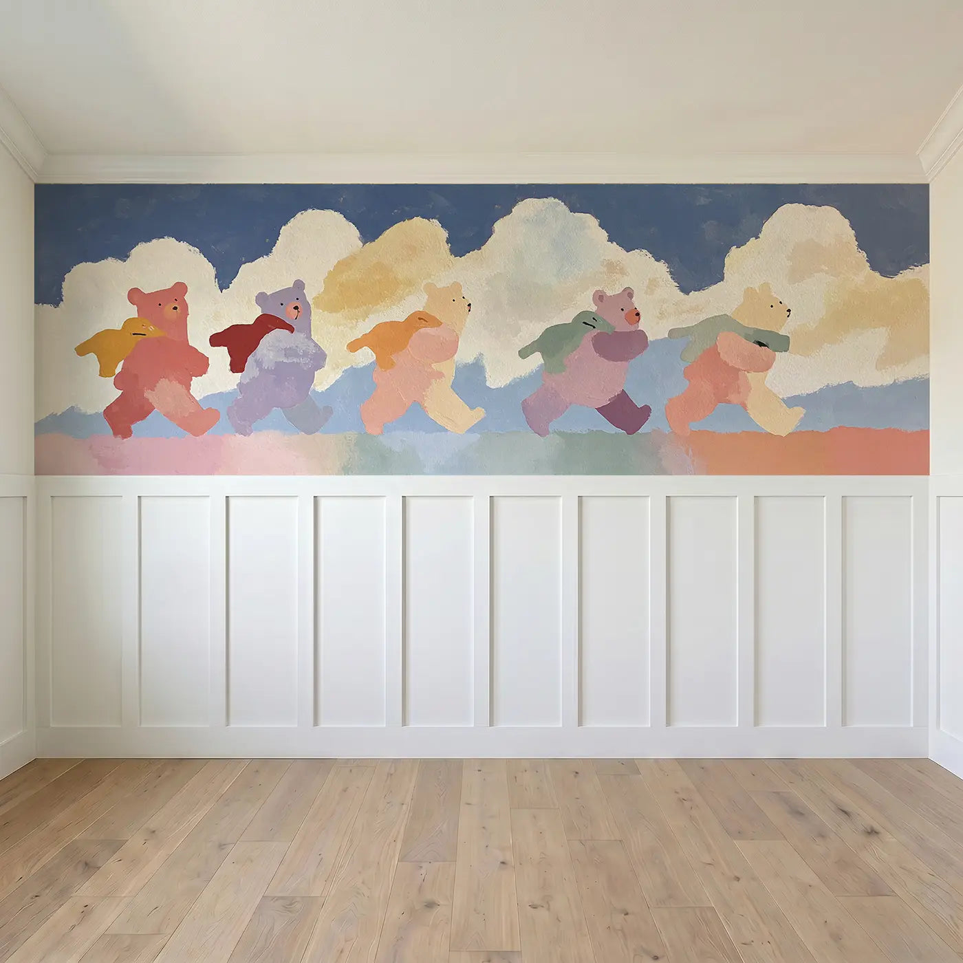 Full panel view of Flat Teddy Bear Row Parade Wainscoting Wallpaper by Whimsy Tots