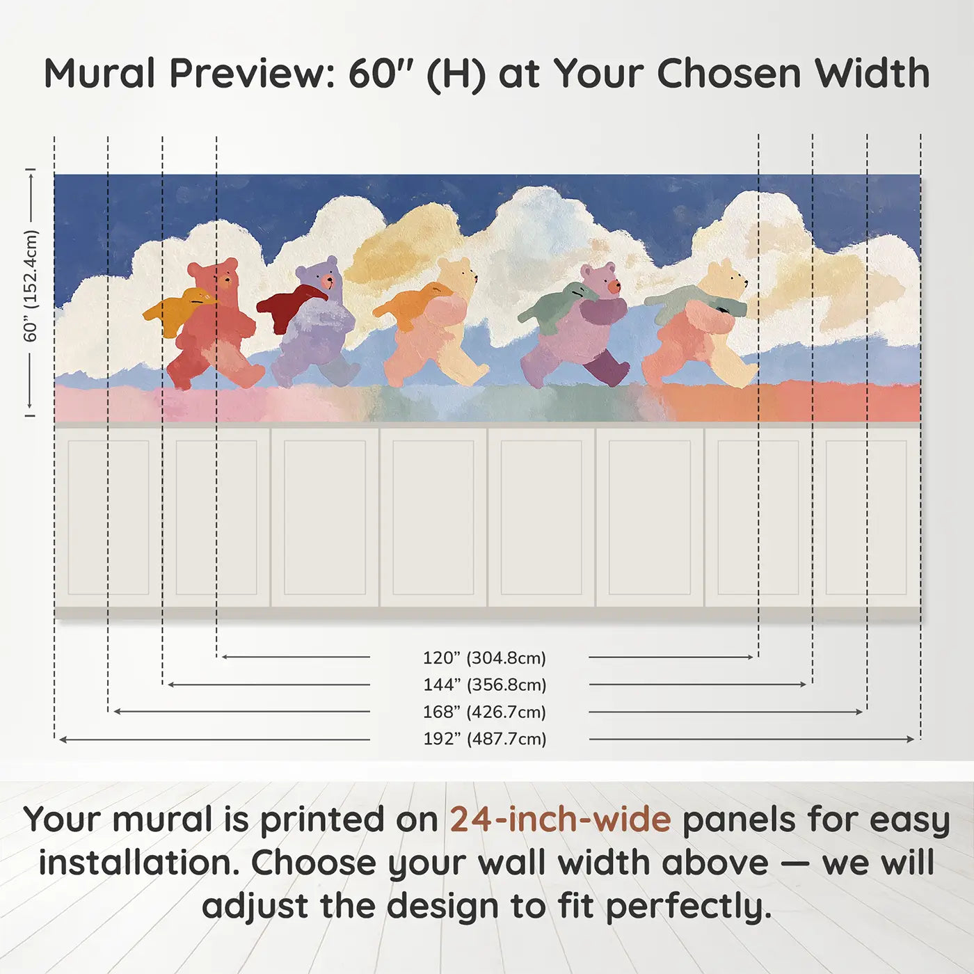 Panel dimensions for Flat Teddy Bear Row Parade Wainscoting Wallpaper by Whimsy Tots