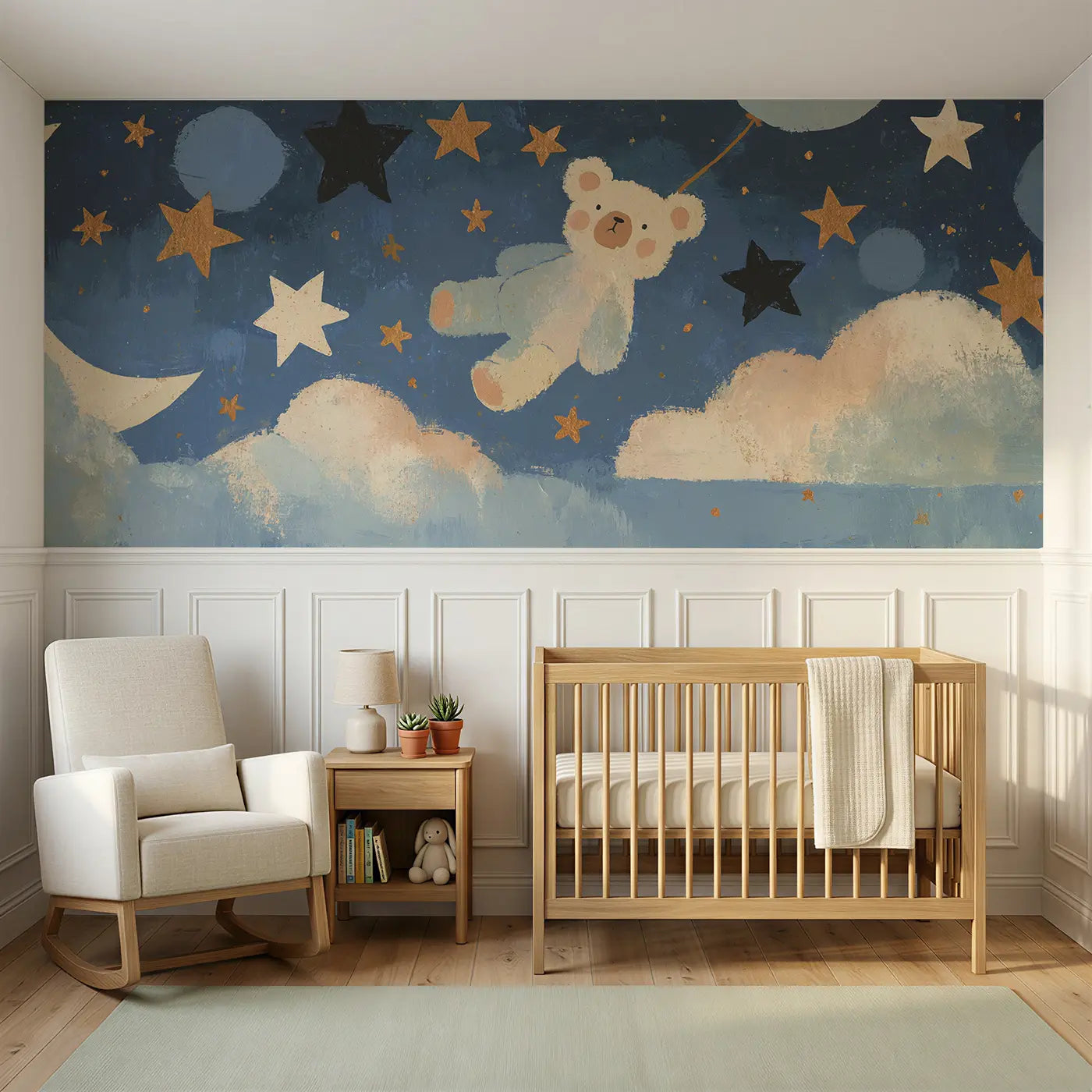 Modern Illustration teddy cloud stars wainscoting wallpaper for nursery by Whimsy Tots.