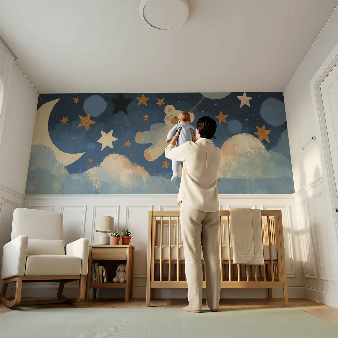 Child reading near Graphic Teddy Cloud Stars Wainscoting Wallpaper by Whimsy Tots