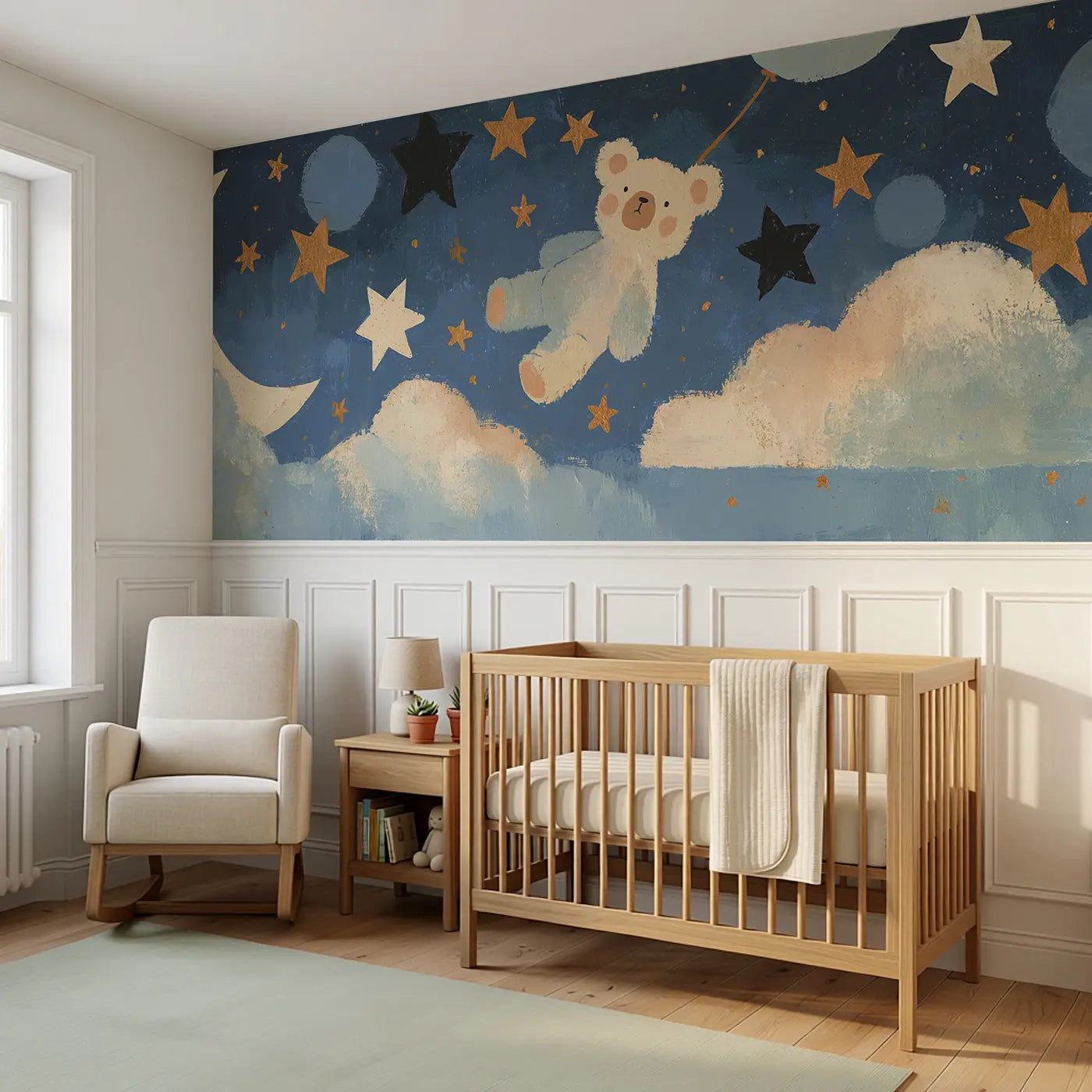 Graphic Teddy Cloud Stars Wainscoting Wallpaper styled in a kids bedroom by Whimsy Tots