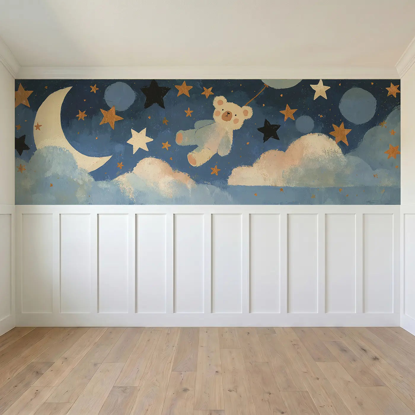 Full panel view of Graphic Teddy Cloud Stars Wainscoting Wallpaper by Whimsy Tots