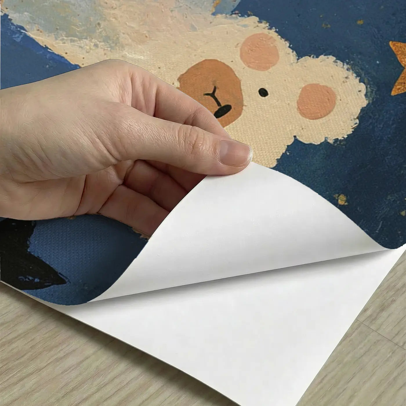 Peel-and-stick detail of Graphic Teddy Cloud Stars Wainscoting Wallpaper by Whimsy Tots
