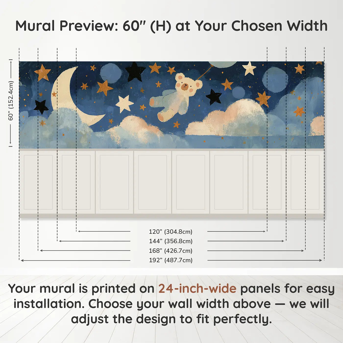 Panel dimensions for Graphic Teddy Cloud Stars Wainscoting Wallpaper by Whimsy Tots