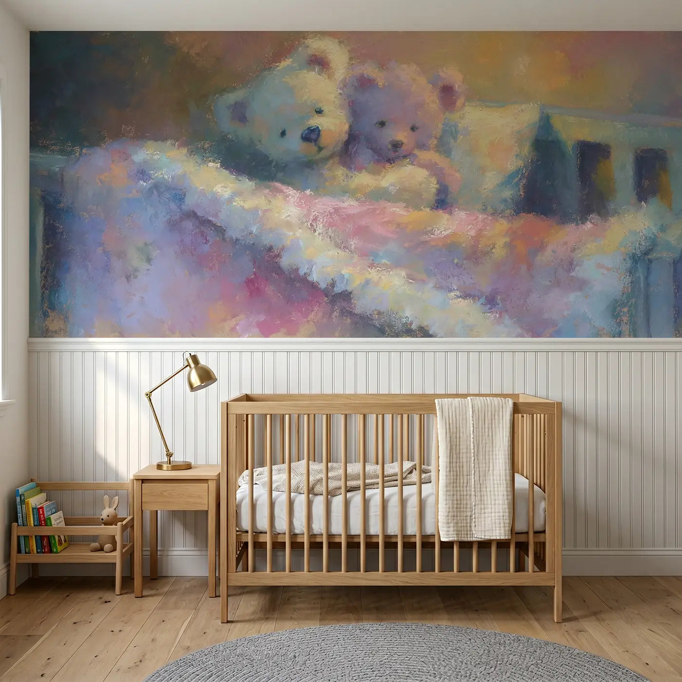 Soft Pastel teddy bear pillow hug chalk wainscoting wallpaper for nursery by Whimsy Tots.