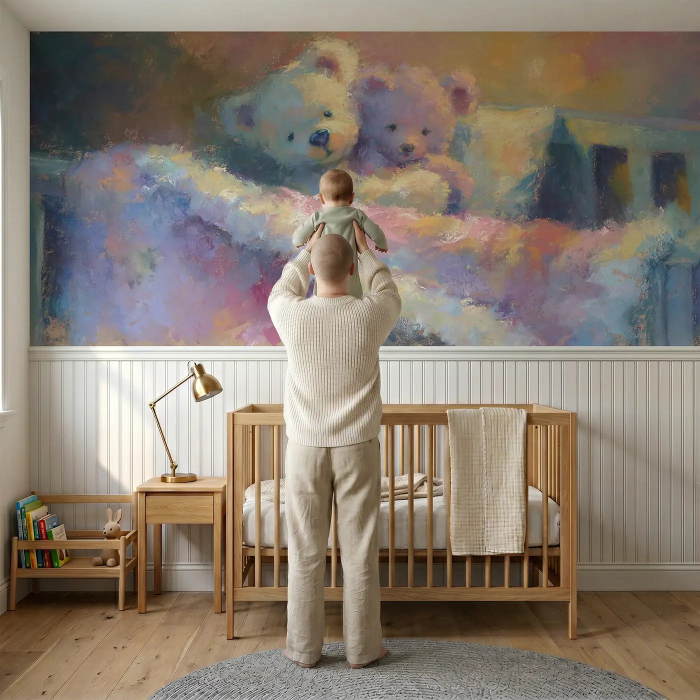 Child reading near Chalk Teddy Bear Pillow Hug Wainscoting Wallpaper by Whimsy Tots