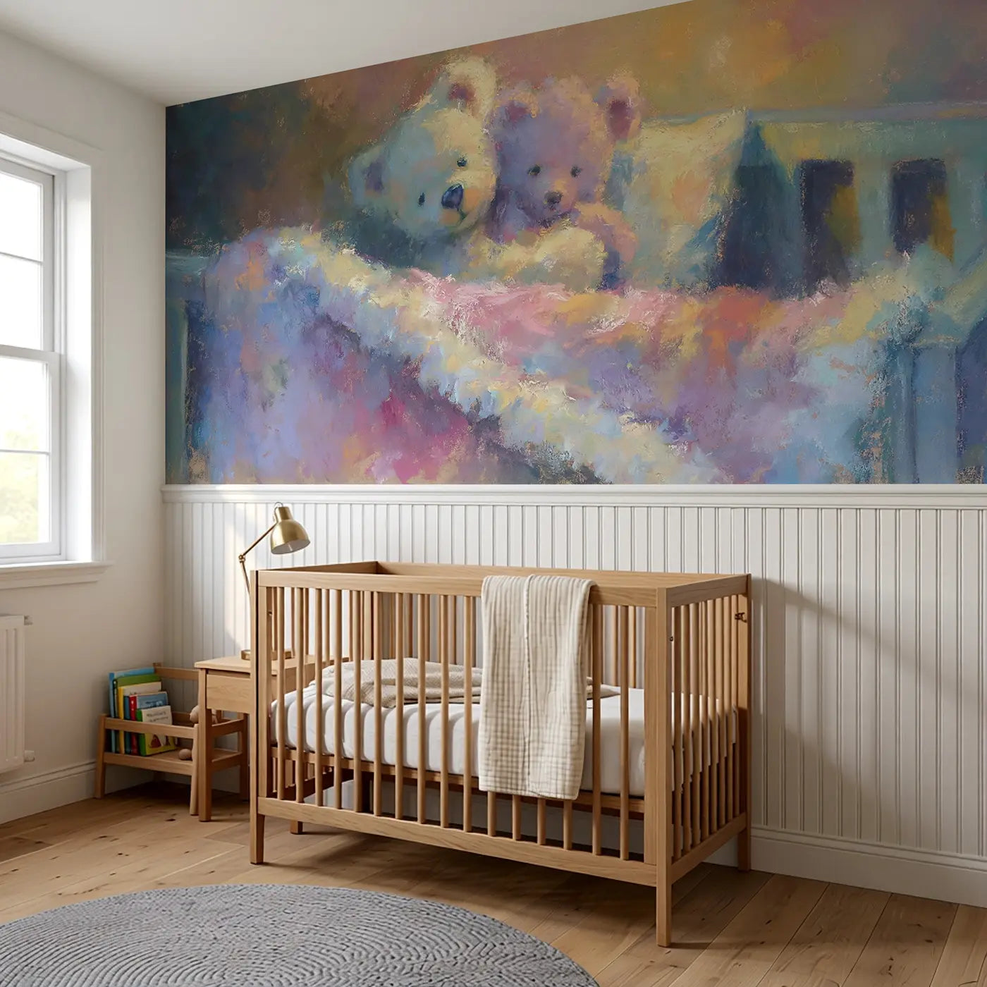 Chalk Teddy Bear Pillow Hug Wainscoting Wallpaper styled in a kids bedroom by Whimsy Tots