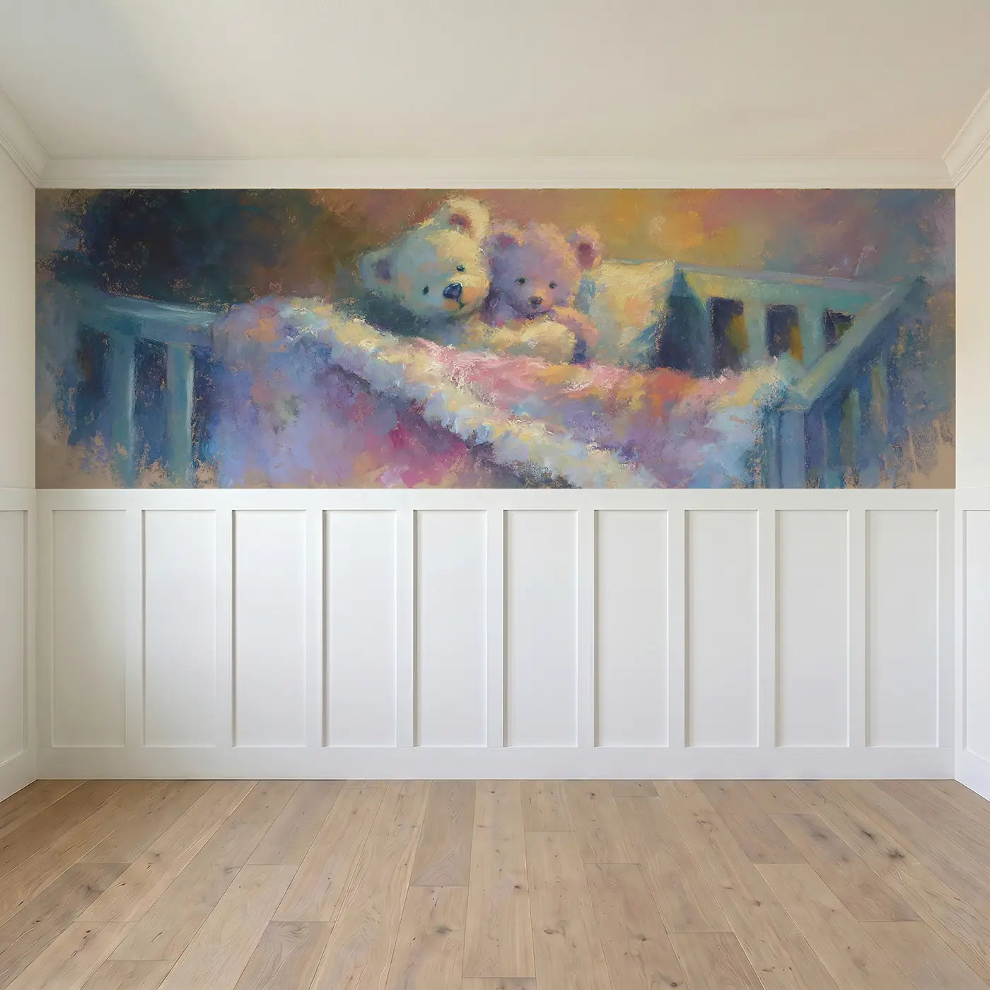Full panel view of Chalk Teddy Bear Pillow Hug Wainscoting Wallpaper by Whimsy Tots