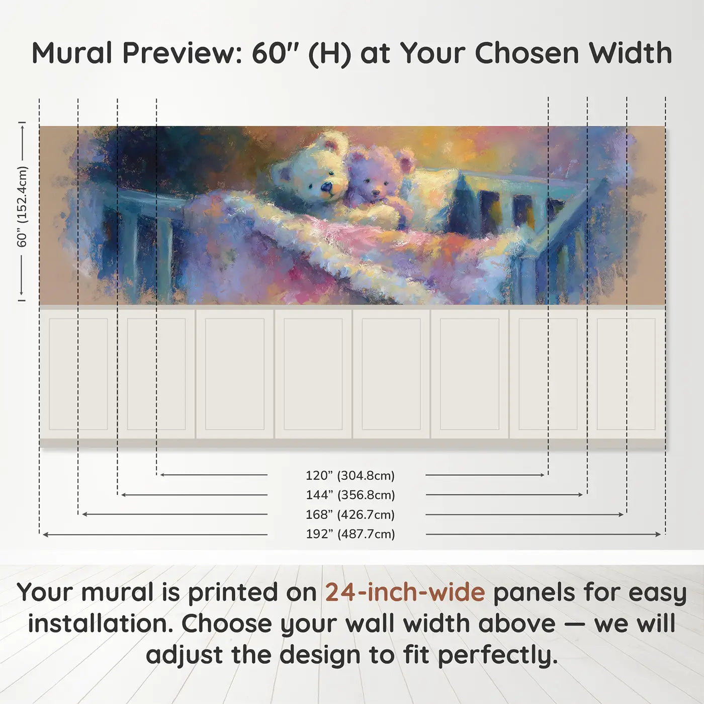 Panel dimensions for Chalk Teddy Bear Pillow Hug Wainscoting Wallpaper by Whimsy Tots