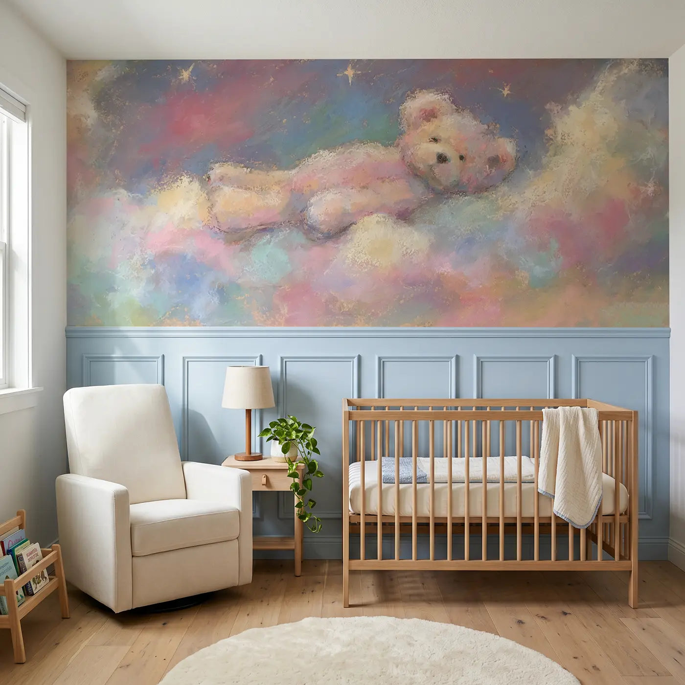 Soft Pastel teddy cloud float chalk wainscoting wallpaper for nursery by Whimsy Tots.