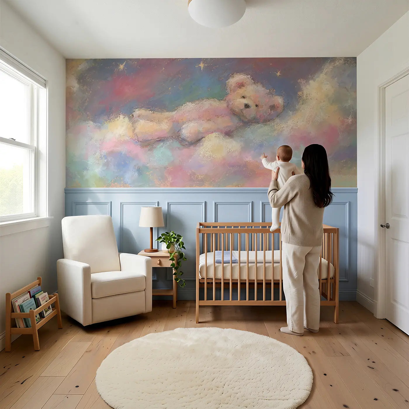 Child reading near Pastel Teddy Cloud Float Soft Wainscoting Wallpaper by Whimsy Tots