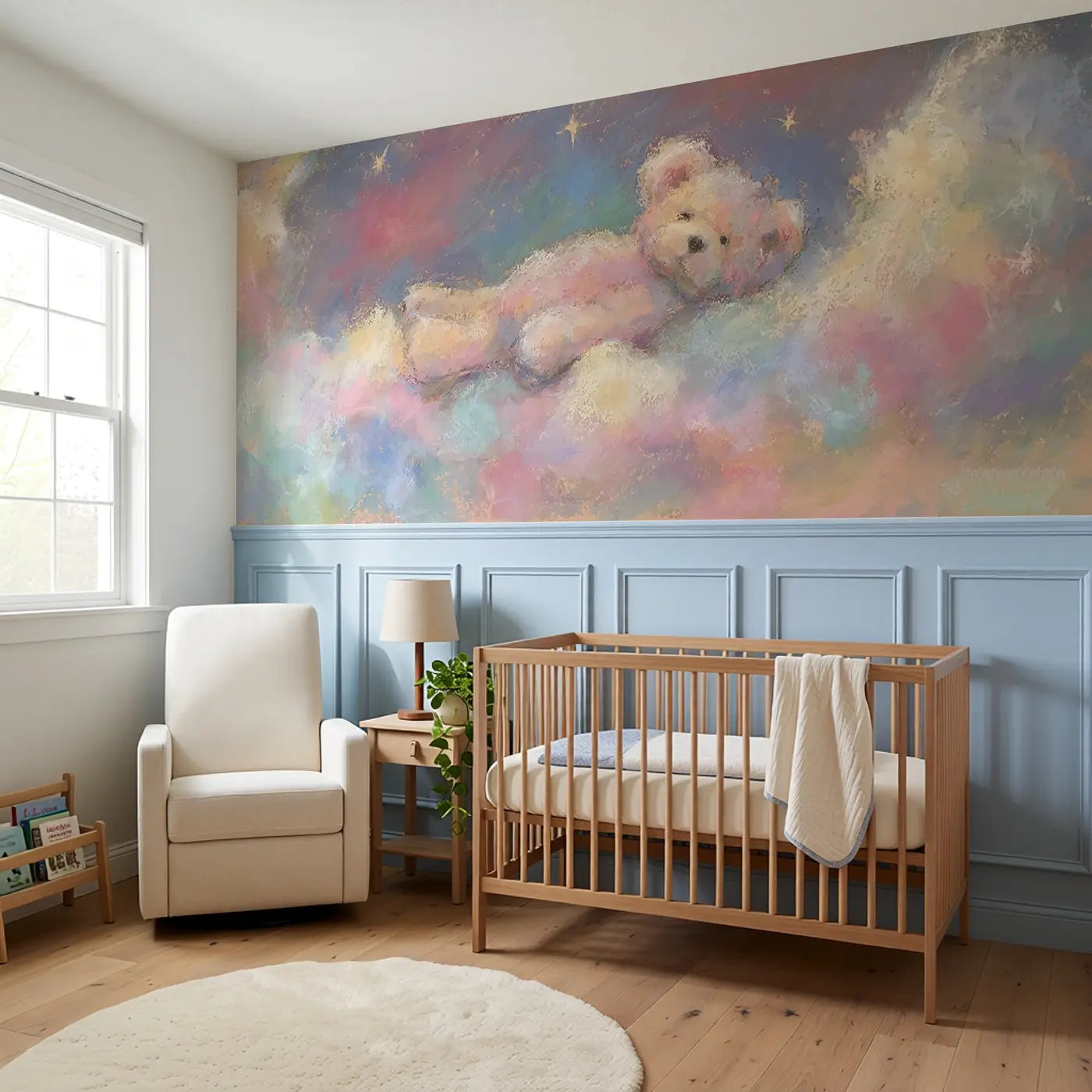 Pastel Teddy Cloud Float Soft Wainscoting Wallpaper styled in a kids bedroom by Whimsy Tots