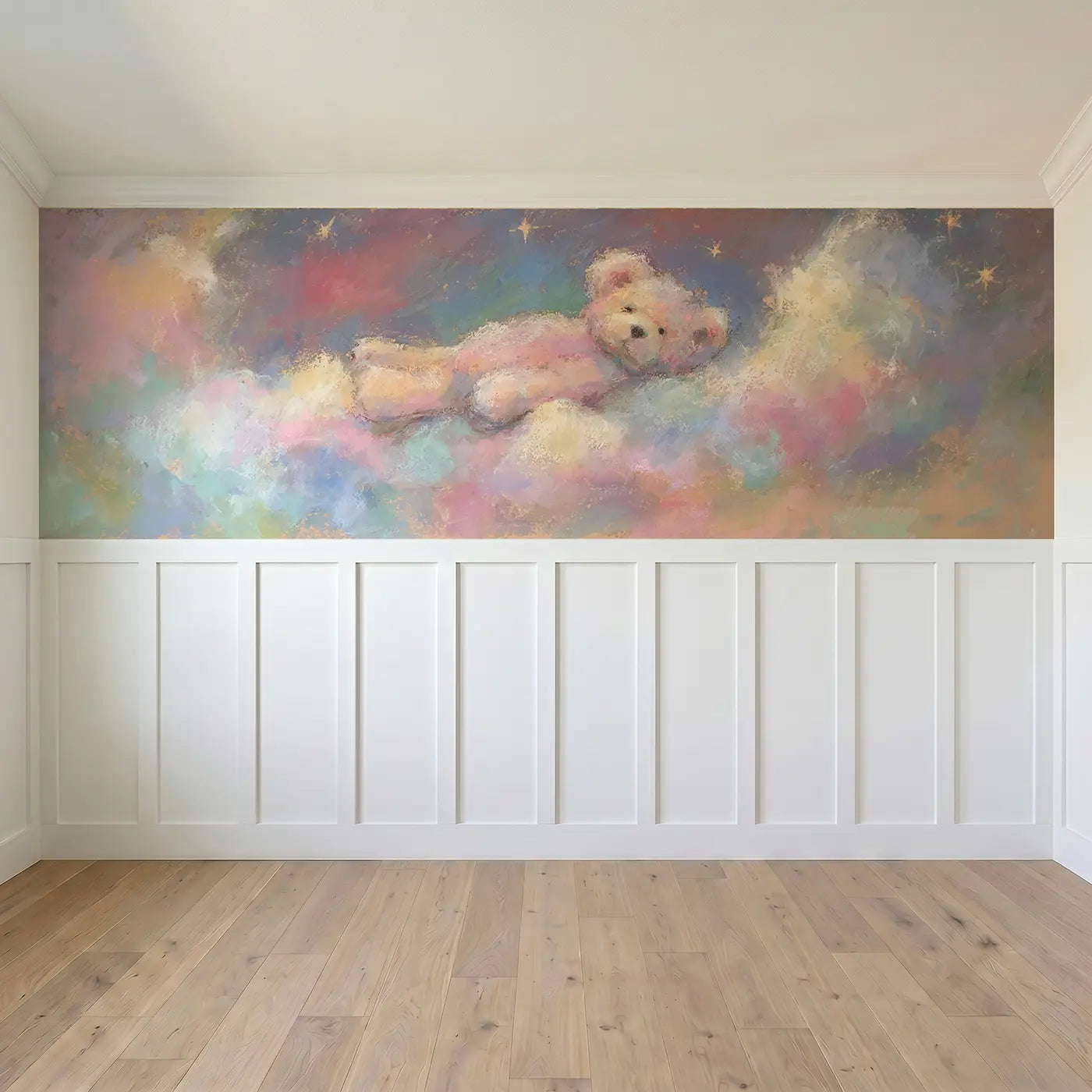 Full panel view of Pastel Teddy Cloud Float Soft Wainscoting Wallpaper by Whimsy Tots