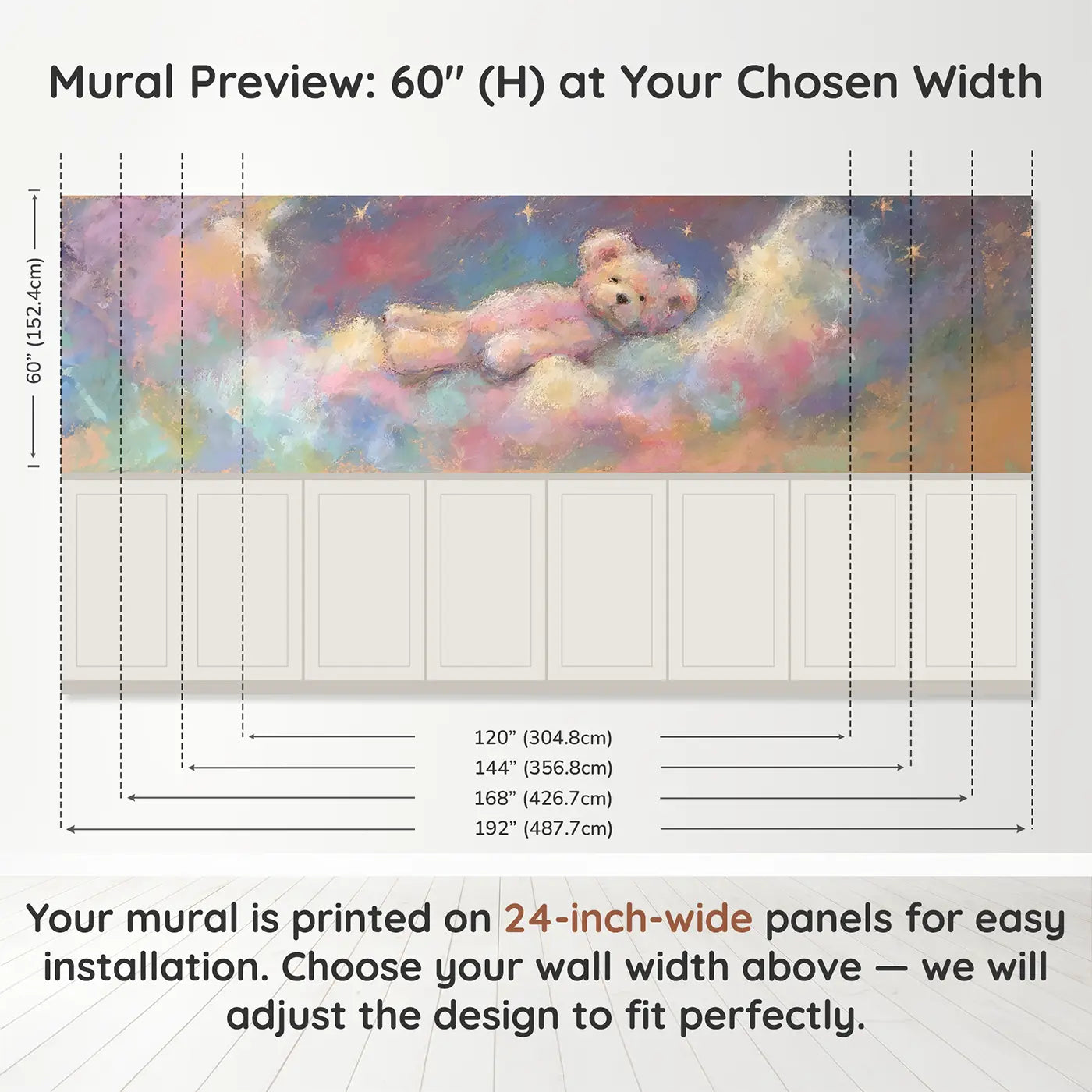 Panel dimensions for Pastel Teddy Cloud Float Soft Wainscoting Wallpaper by Whimsy Tots