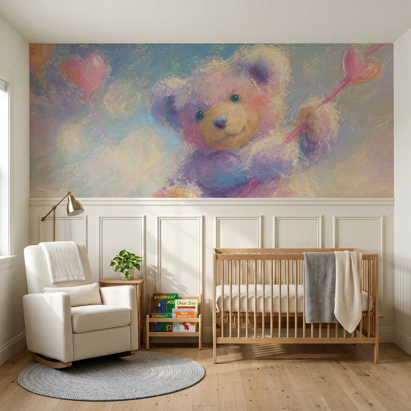 Soft Pastel teddy heart balloon wainscoting wallpaper for nursery by Whimsy Tots.