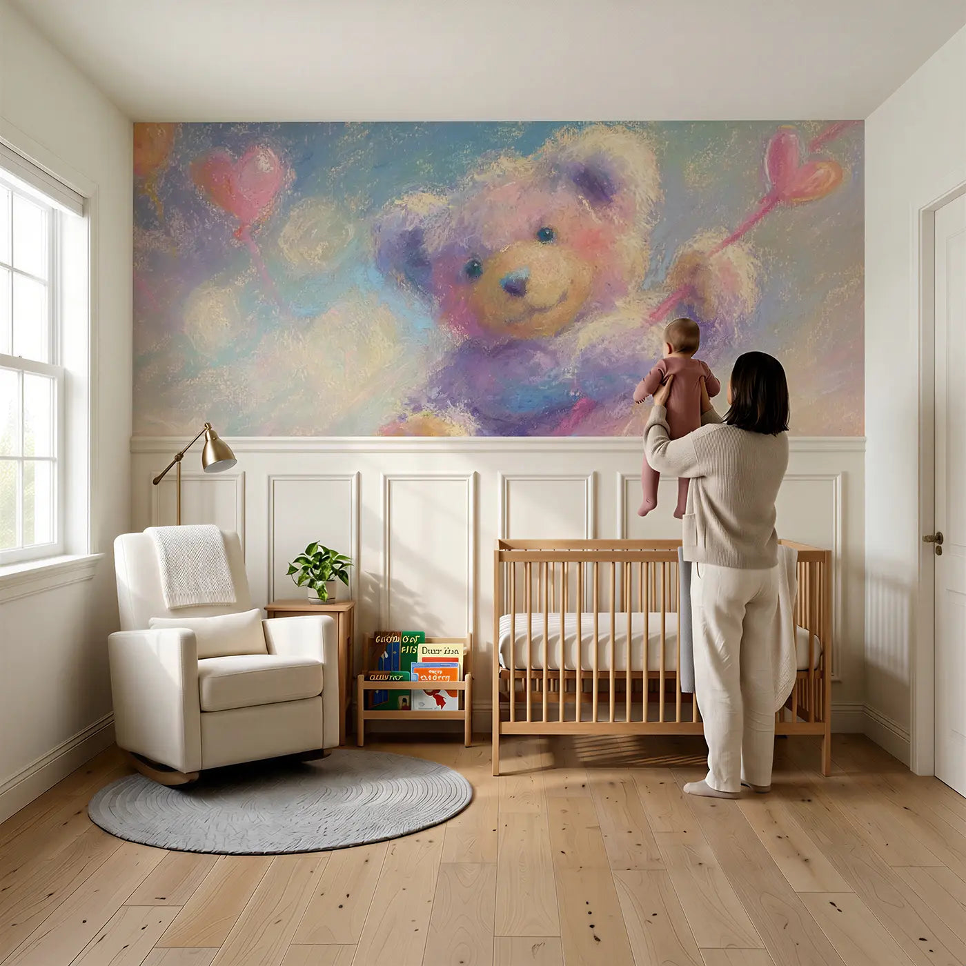 Child reading near Fuzzy Teddy Heart Balloon Wainscoting Wallpaper by Whimsy Tots