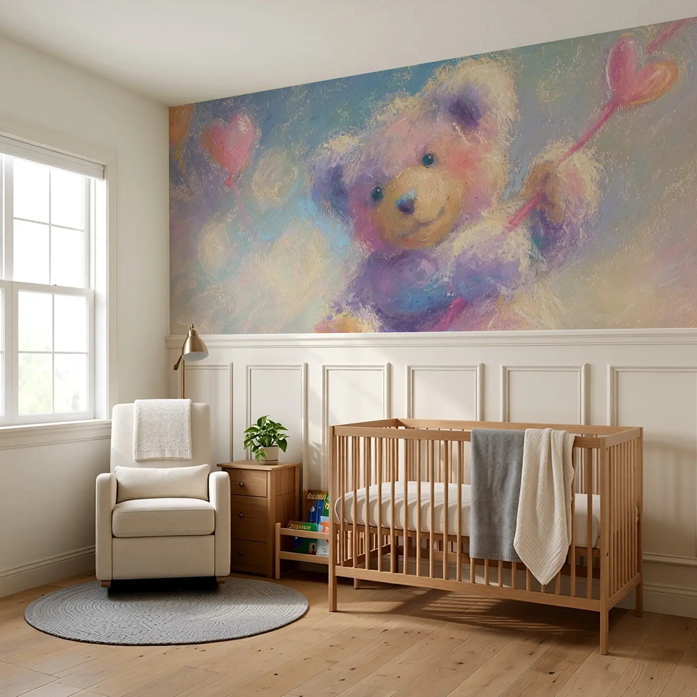 Fuzzy Teddy Heart Balloon Wainscoting Wallpaper styled in a kids bedroom by Whimsy Tots