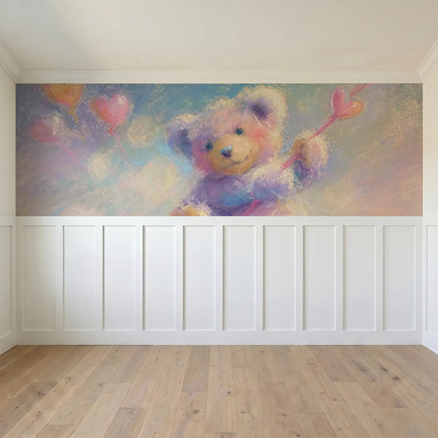 Full panel view of Fuzzy Teddy Heart Balloon Wainscoting Wallpaper by Whimsy Tots