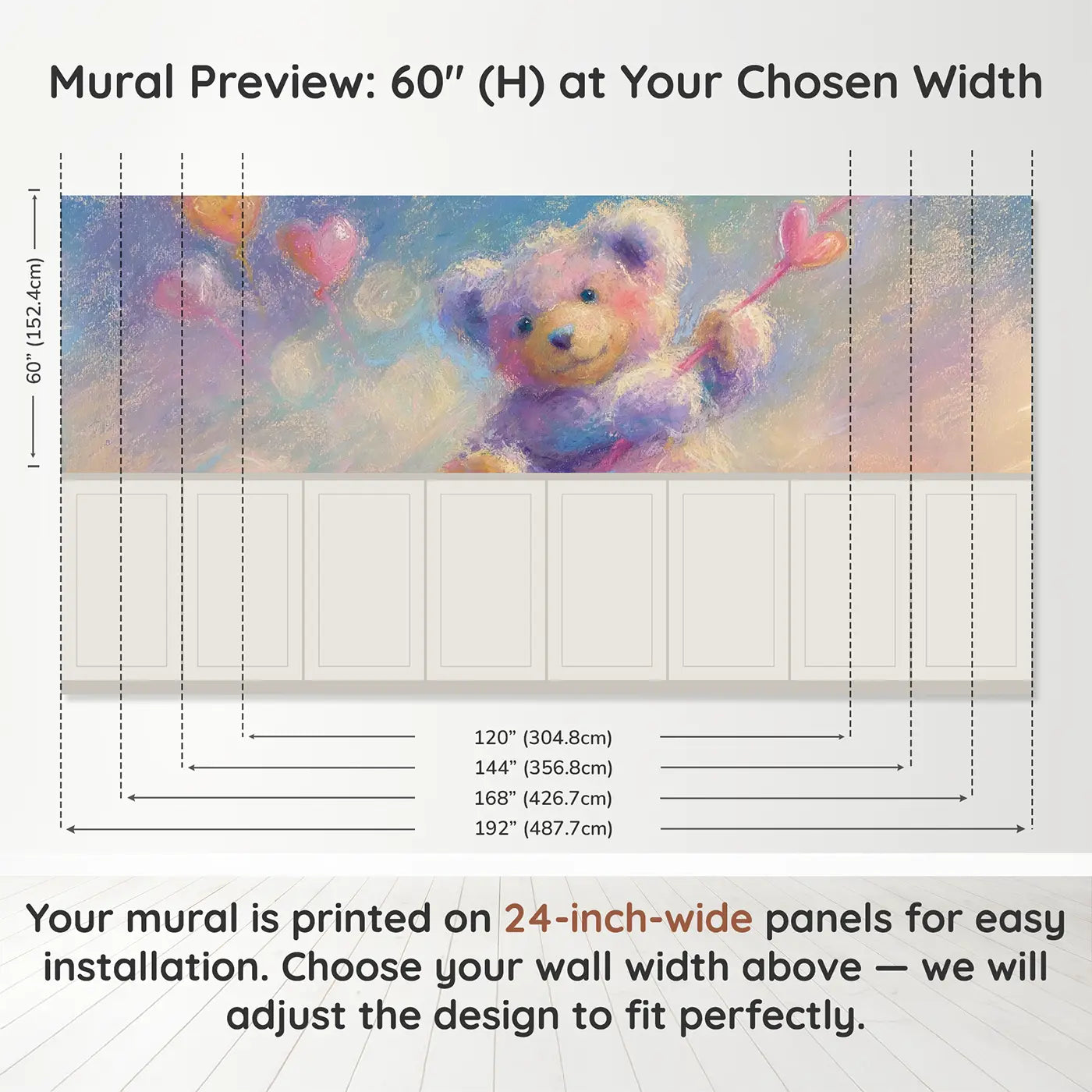 Panel dimensions for Fuzzy Teddy Heart Balloon Wainscoting Wallpaper by Whimsy Tots