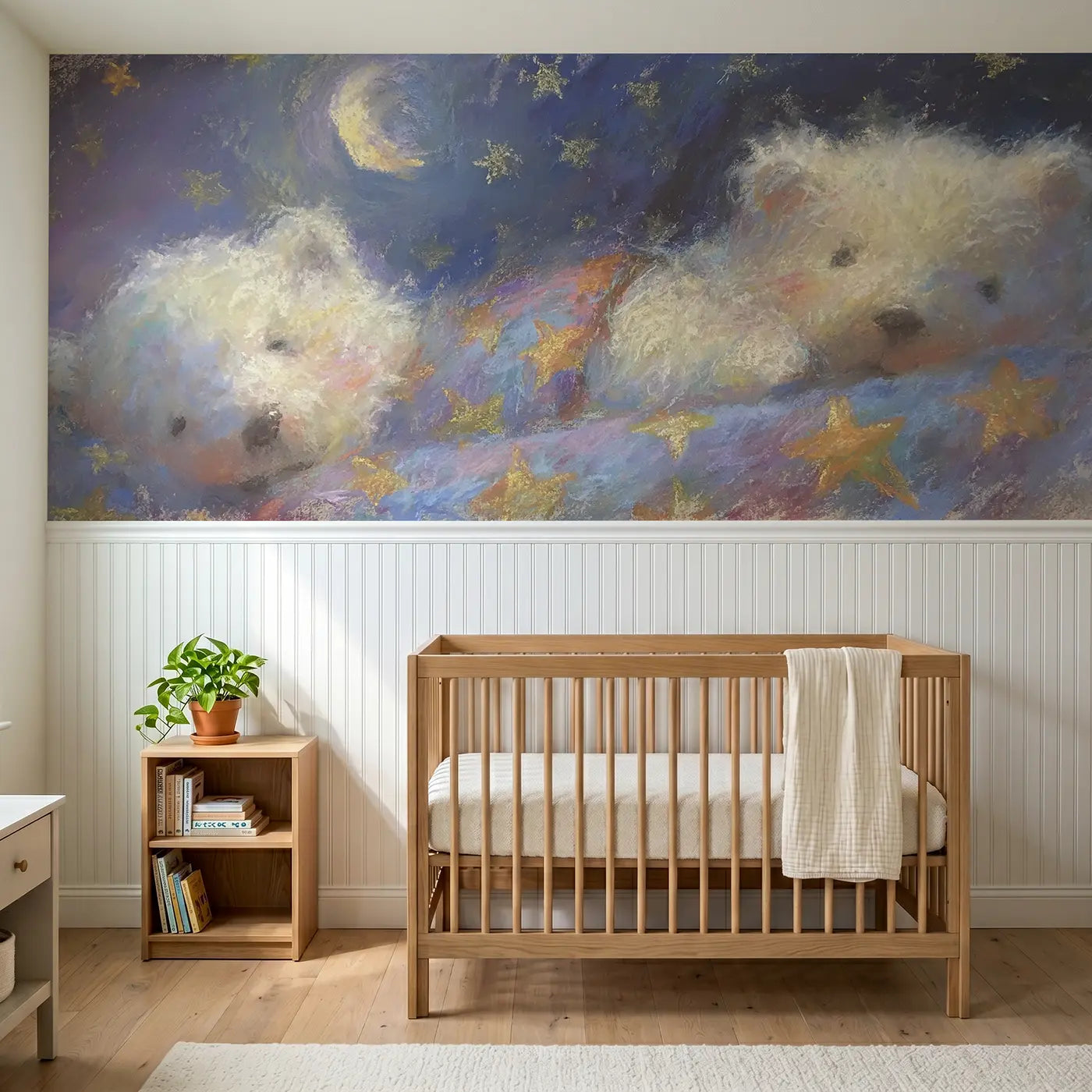 Soft Pastel teddy star blanket sleep wainscoting wallpaper for nursery by Whimsy Tots.