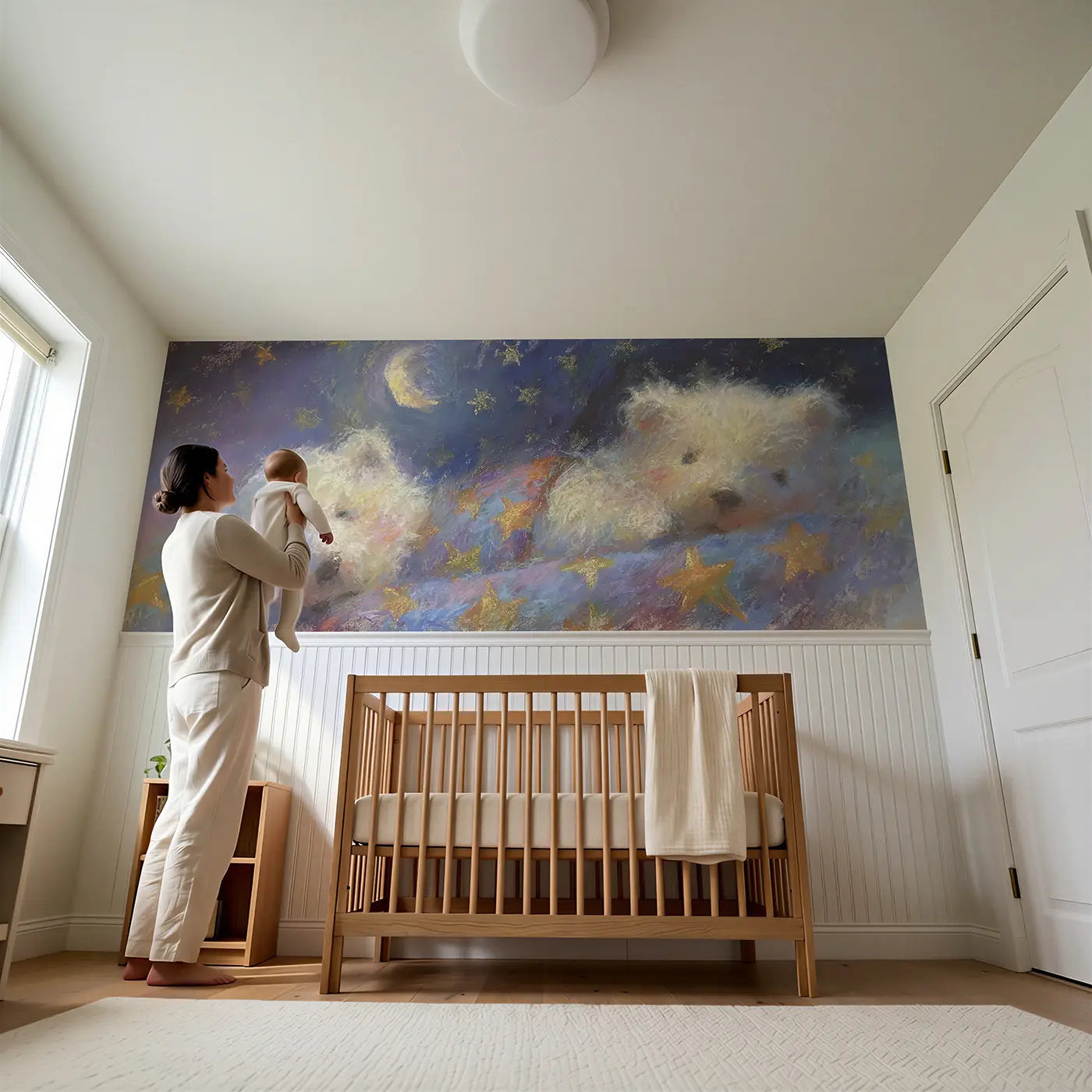 Child reading near Chalk Teddy Star Blanket Sleep Wainscoting Wallpaper by Whimsy Tots