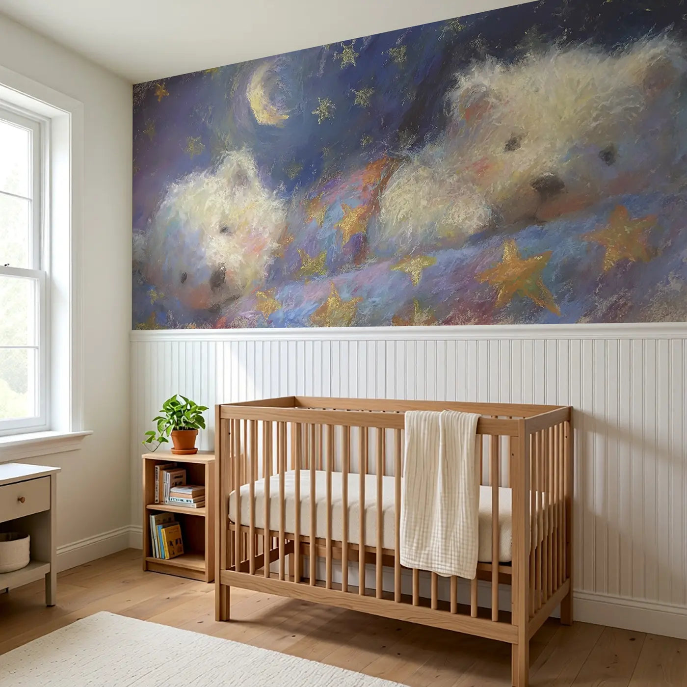 Chalk Teddy Star Blanket Sleep Wainscoting Wallpaper styled in a kids bedroom by Whimsy Tots