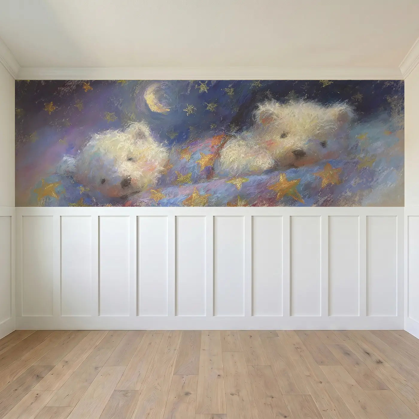 Full panel view of Chalk Teddy Star Blanket Sleep Wainscoting Wallpaper by Whimsy Tots