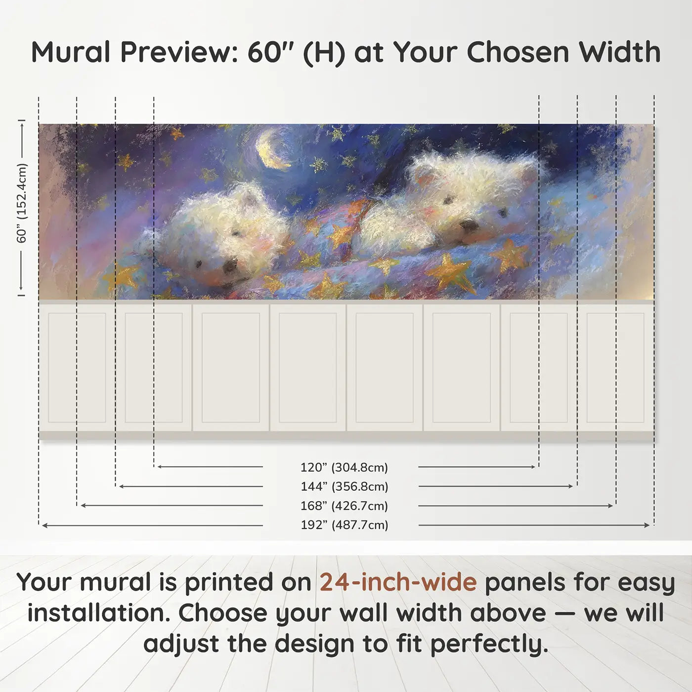 Panel dimensions for Chalk Teddy Star Blanket Sleep Wainscoting Wallpaper by Whimsy Tots
