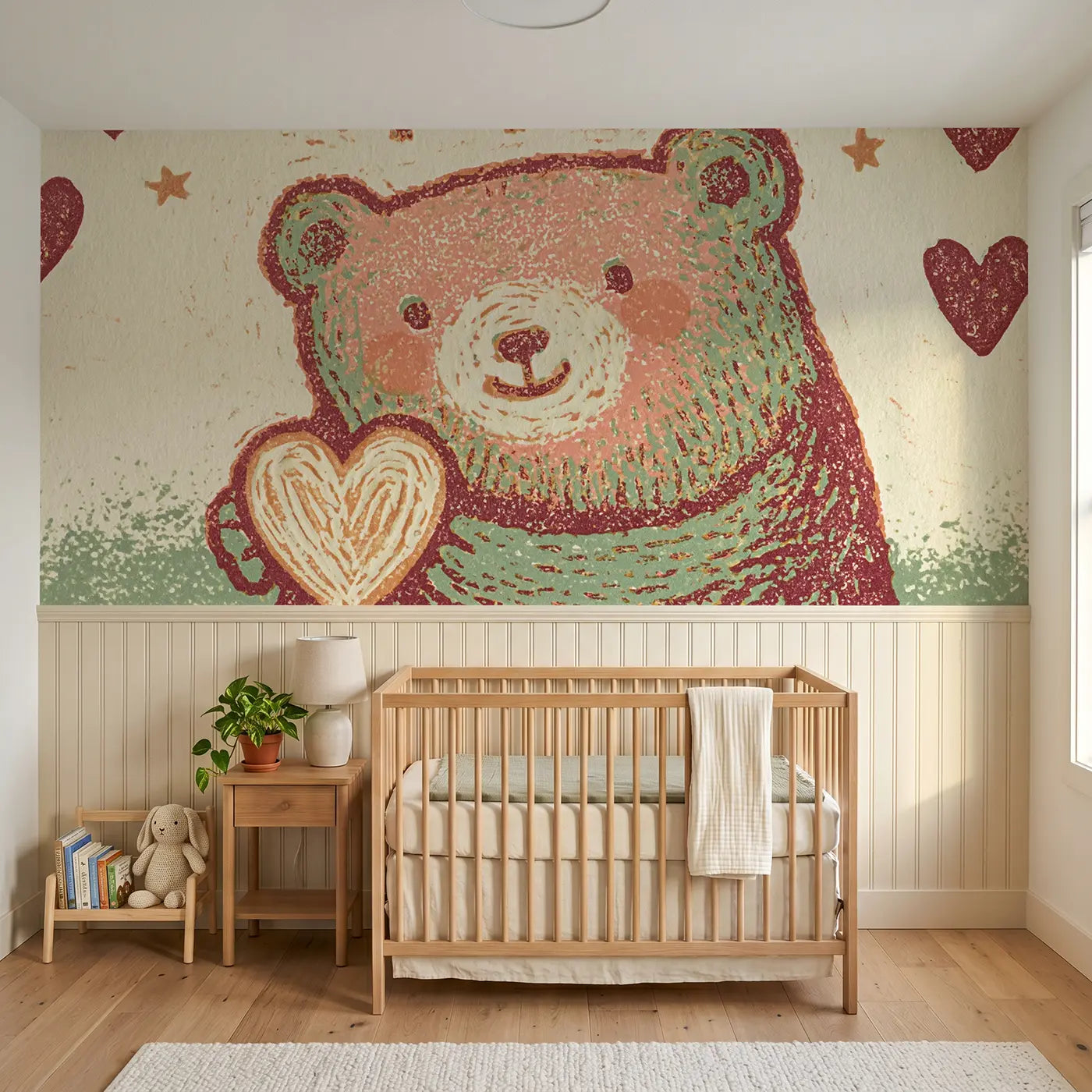 Block Print teddy bear heart wainscoting wallpaper for nursery by Whimsy Tots.