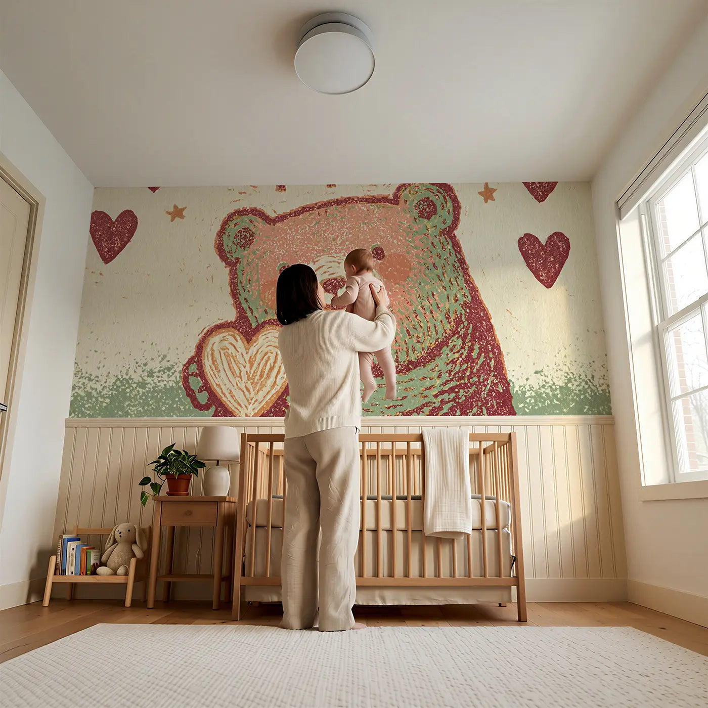 Child reading near Carved Teddy Bear Heart Wainscoting Wallpaper by Whimsy Tots