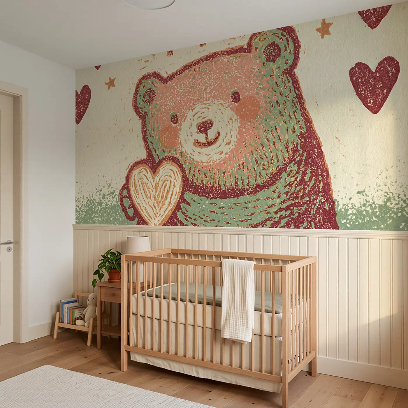 Carved Teddy Bear Heart Wainscoting Wallpaper styled in a kids bedroom by Whimsy Tots