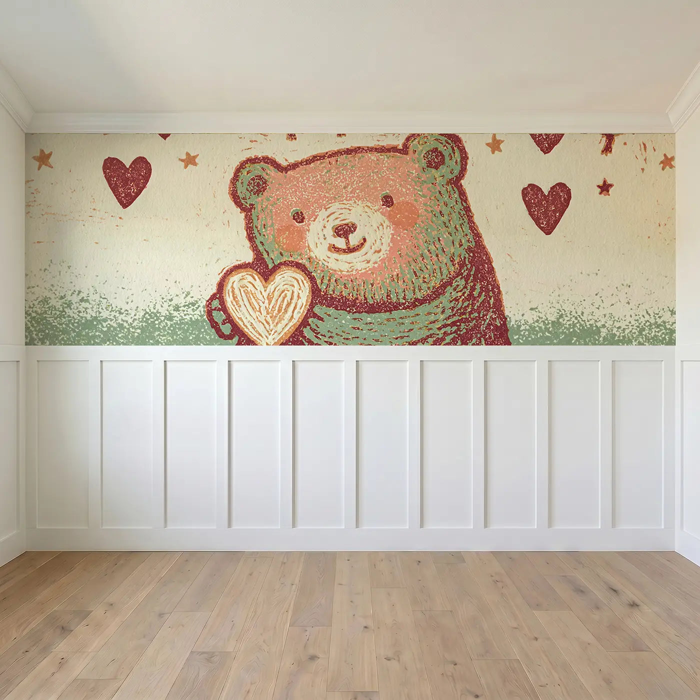 Full panel view of Carved Teddy Bear Heart Wainscoting Wallpaper by Whimsy Tots