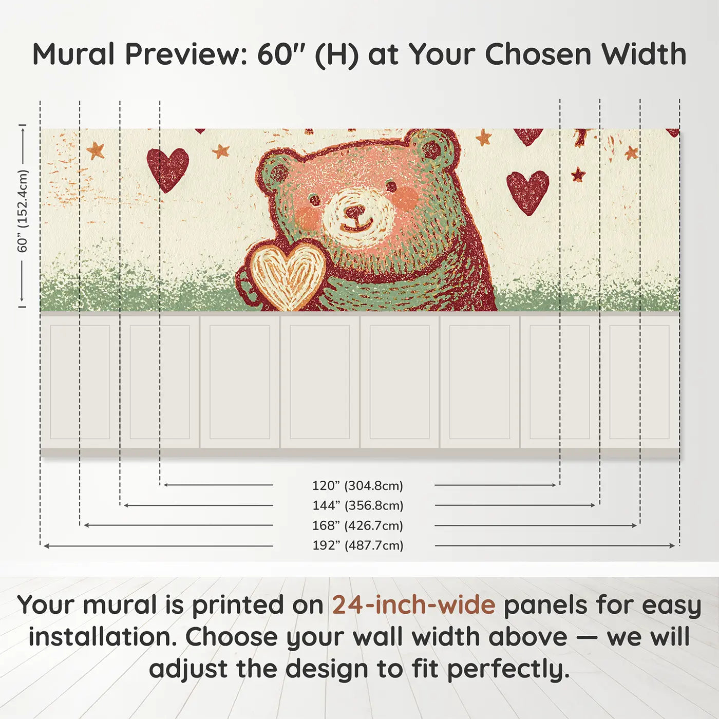 Panel dimensions for Carved Teddy Bear Heart Wainscoting Wallpaper by Whimsy Tots