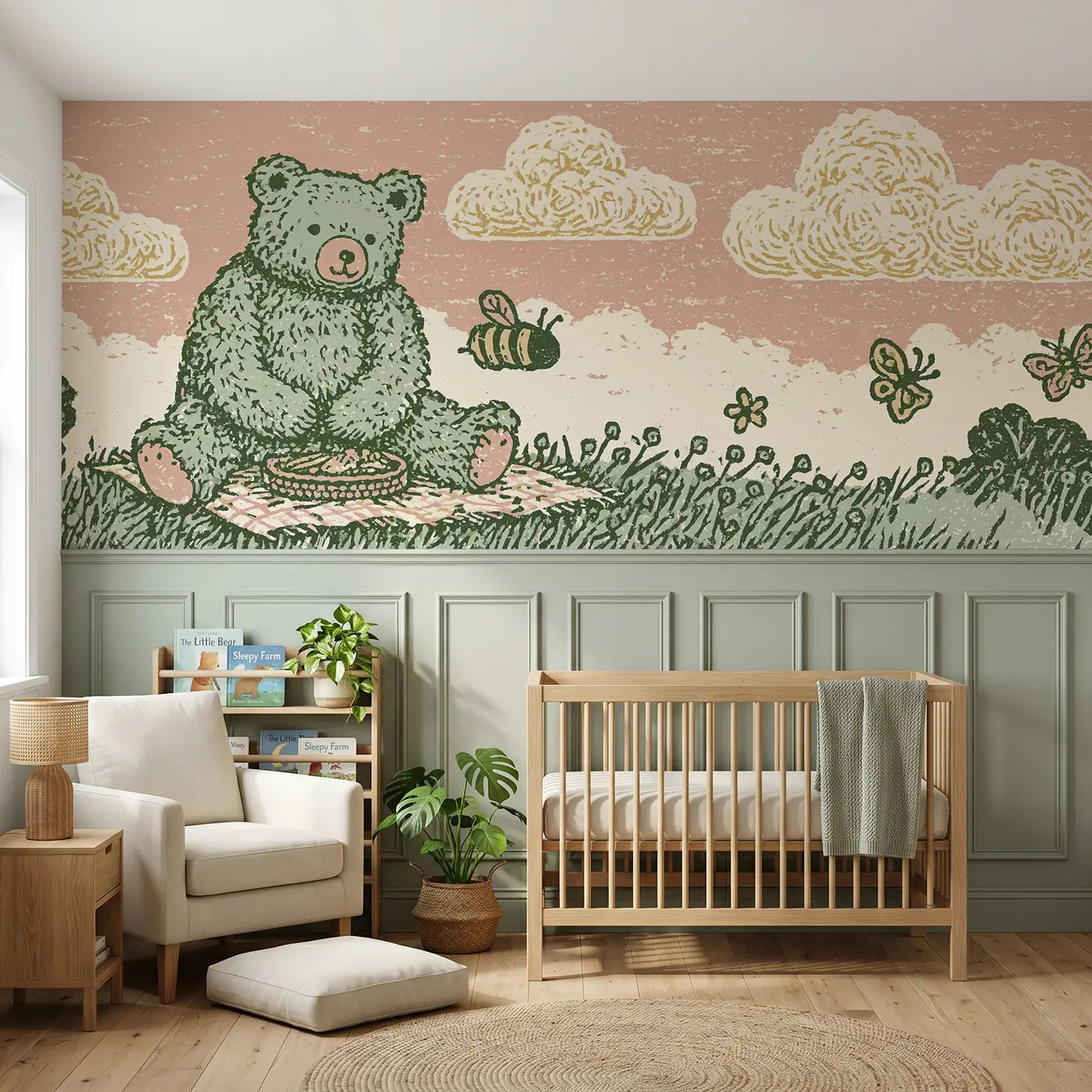 Block Print teddy picnic band wainscoting wallpaper for nursery by Whimsy Tots.