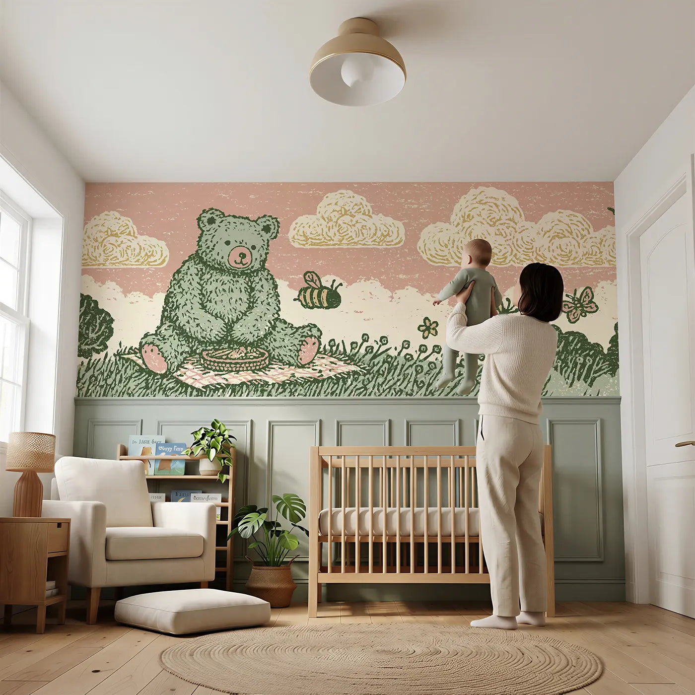 Child reading near Block Print Teddy Picnic Band Wainscoting Wallpaper by Whimsy Tots