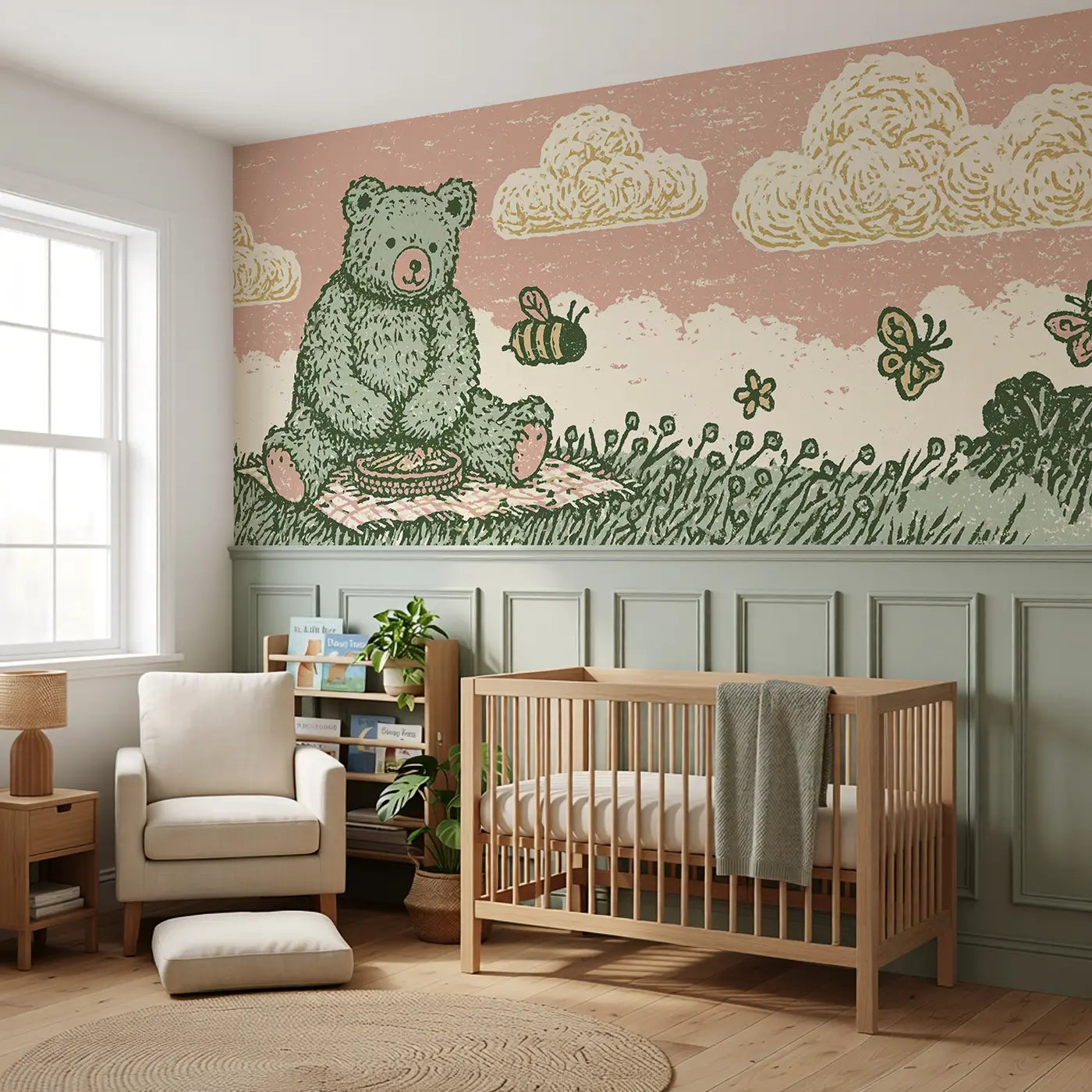 Block Print Teddy Picnic Band Wainscoting Wallpaper styled in a kids bedroom by Whimsy Tots