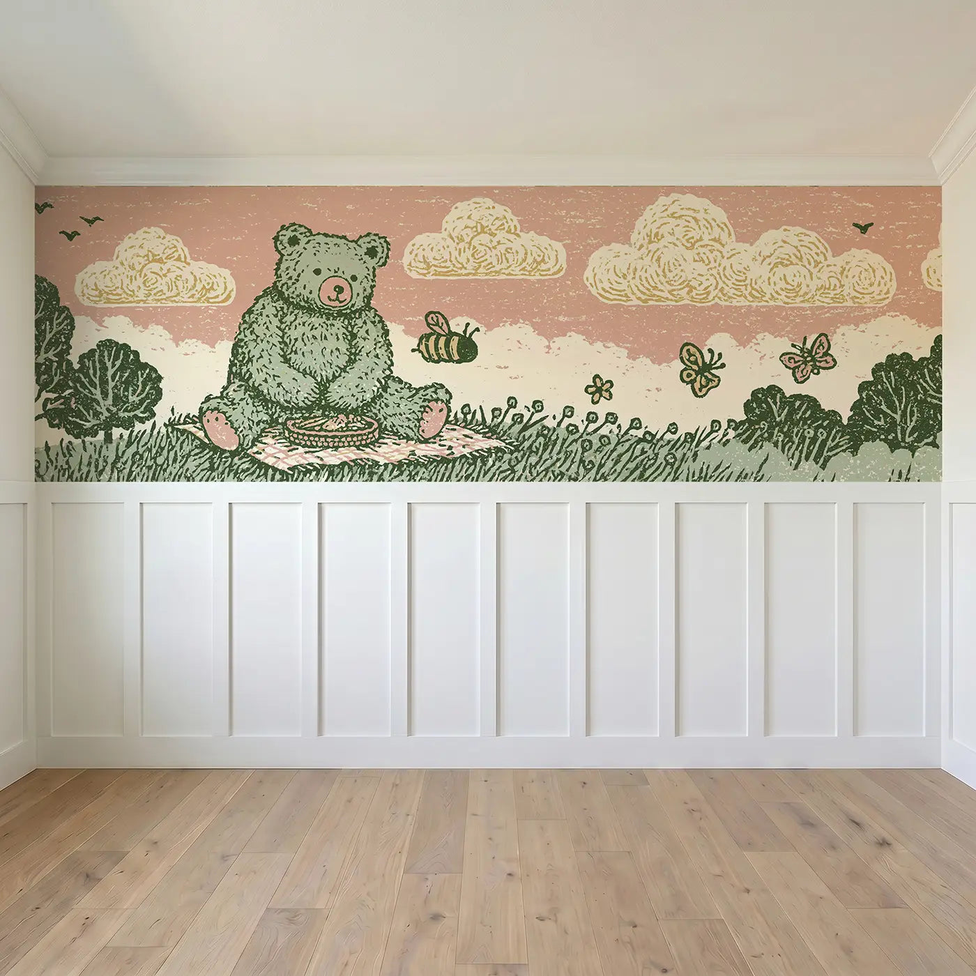 Full panel view of Block Print Teddy Picnic Band Wainscoting Wallpaper by Whimsy Tots