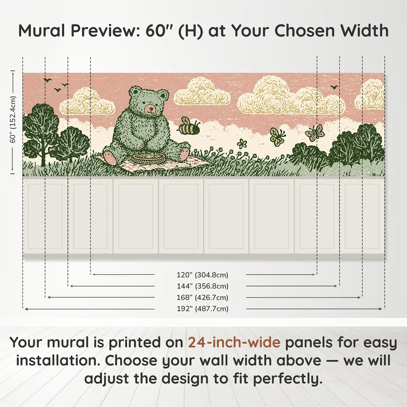 Panel dimensions for Block Print Teddy Picnic Band Wainscoting Wallpaper by Whimsy Tots