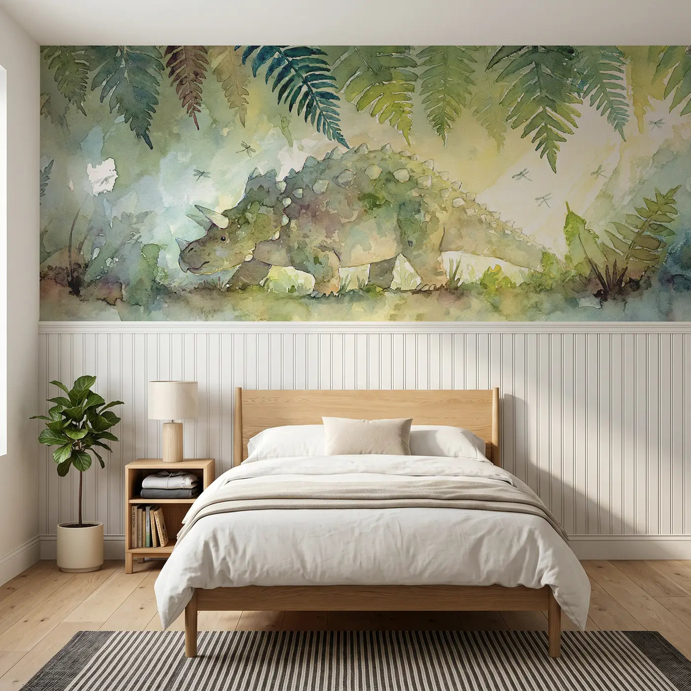 Watercolor ankylosaurus fern forest walk wainscoting wallpaper for bedroom by Whimsy Tots.
