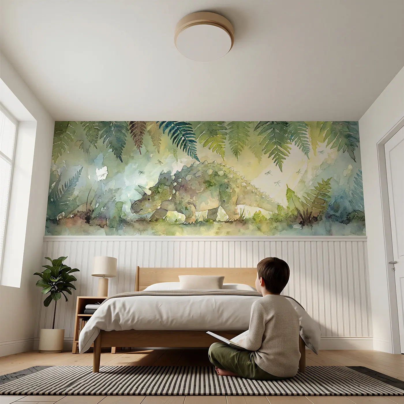 Child reading near Ankylosaurus Fern Forest Walk Wainscoting Wallpaper by Whimsy Tots