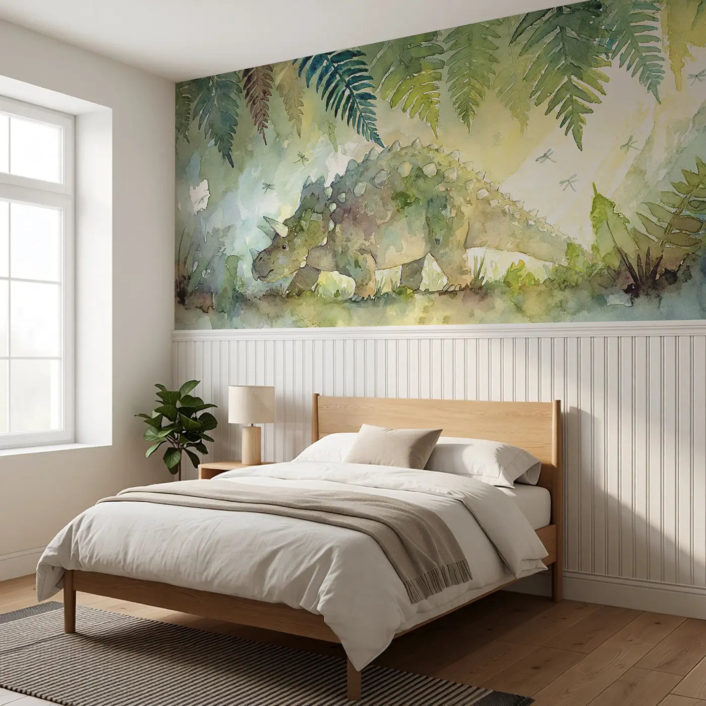Ankylosaurus Fern Forest Walk Wainscoting Wallpaper styled in a kids bedroom by Whimsy Tots