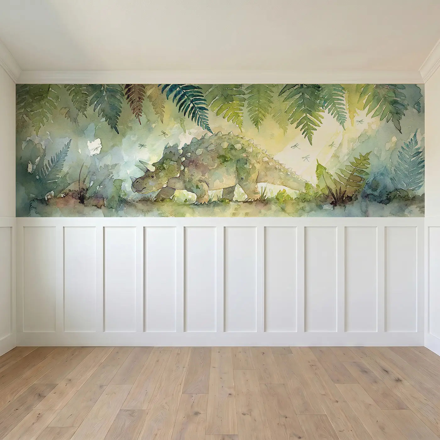 Full panel view of Ankylosaurus Fern Forest Walk Wainscoting Wallpaper by Whimsy Tots