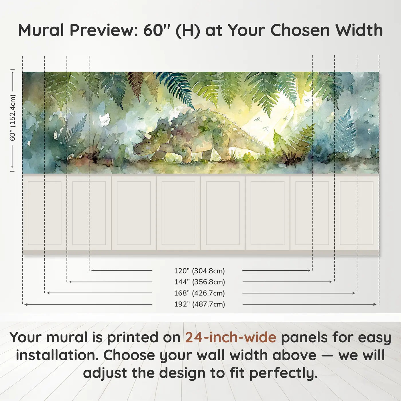 Panel dimensions for Ankylosaurus Fern Forest Walk Wainscoting Wallpaper by Whimsy Tots