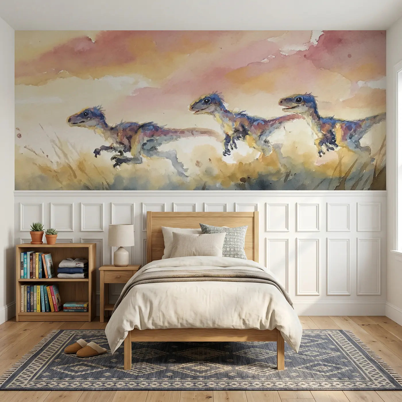 Watercolor velociraptor playful sunrise wainscoting wallpaper for bedroom by Whimsy Tots.