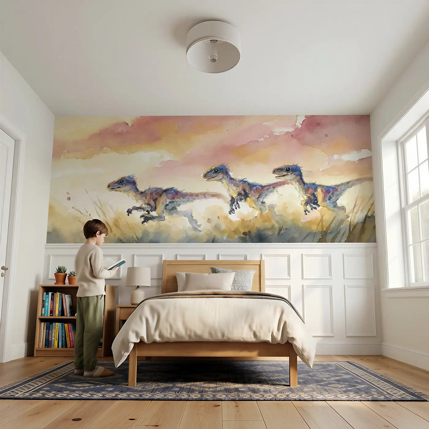 Child reading near Velociraptor Playful Sunrise Wainscoting Wallpaper by Whimsy Tots